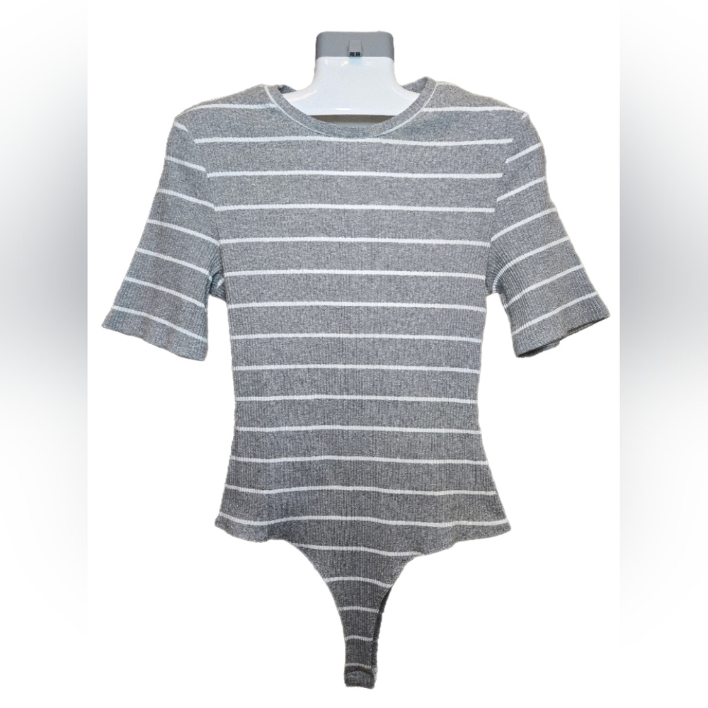 Polagram Gray and White Striped Bodysuit